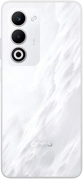 Rear view of white Oppo A5 5G (2025), marble-textured, with triple vertical cameras and Oppo logo at the bottom.