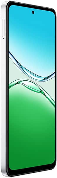 Oppo A5 5G (2025) front view showing slim silver frame, edge-to-edge display, centered cutout camera, blue-green gradient.
