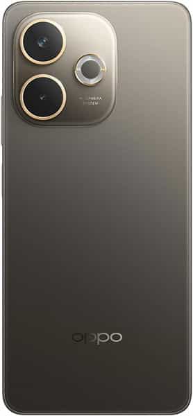 Rear view of matte gray Oppo A5 Pro with dual cameras and LED flash in top left, Oppo logo near the bottom.