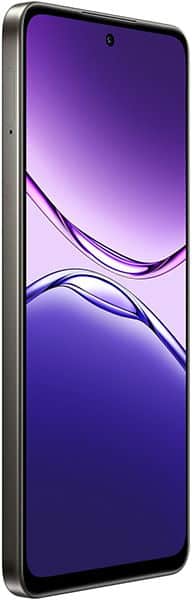 Oppo A5 Pro front view with edge-to-edge display, purple gradient background, thin black frame, and centered front camera.