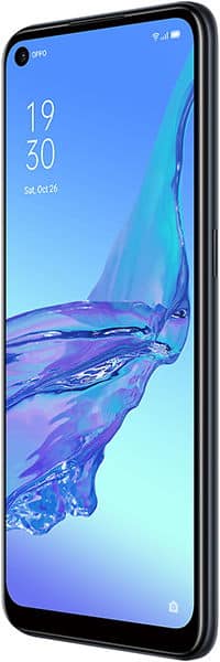 Oppo A53 smartphone front view with blue gradient display showing time and date, water splash graphic, and notch camera visible at top