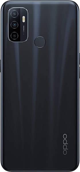 Oppo A53 rear view, black phone with triple camera setup and fingerprint sensor