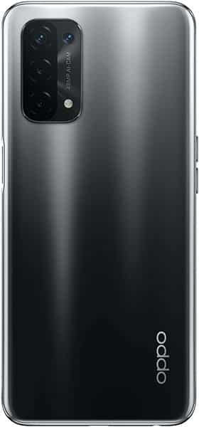 Oppo A54 5G rear view, showing black camera module and silver gradient back panel with Oppo logo