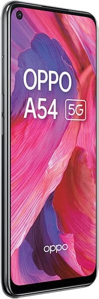 Oppo A54 5G front view with display showing colorful pink and purple abstract wallpaper and product name on screen