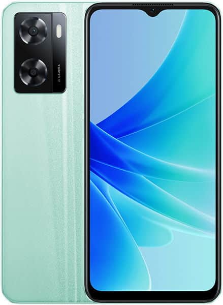Oppo A57 front view, mint green with dual rear cameras and blue gradient display