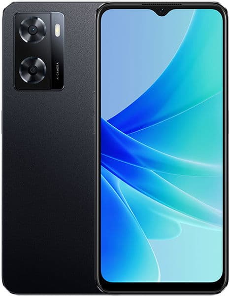Oppo A57 front view, black smartphone with dual rear cameras and blue gradient display screen