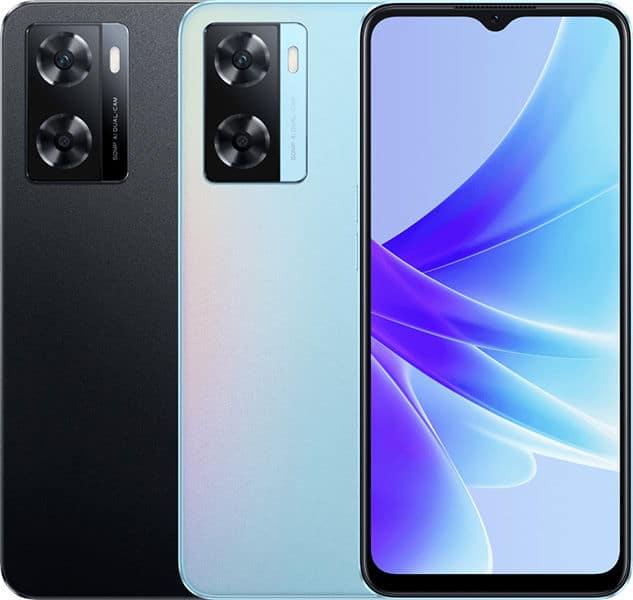 Oppo A57s in black and light blue, shown front and rear views with dual camera setup and blue gradient display