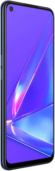 Oppo A72 front view, displaying purple and blue gradient screen with geometric light patterns and waterdrop notch camera