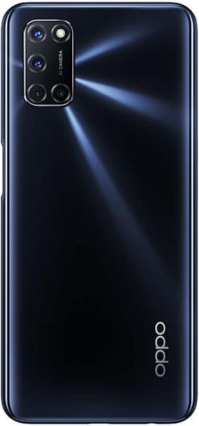 Oppo A72 rear view, midnight blue finish with quad camera module and light reflections on glossy back panel