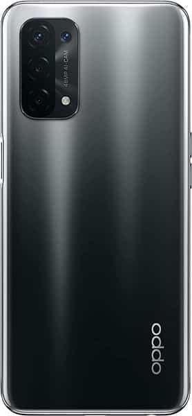 Rear view of black Oppo A74 5G showing quad rear cameras, Oppo logo at bottom right, and a sleek, reflective finish.