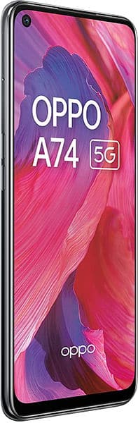 Oppo A74 5G in black shown from a front-side angle, screen on with abstract pink-purple wallpaper and "Oppo A74 5G" text.