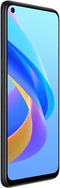 Oppo A76 front view showing display with colorful gradient wallpaper and top-left camera cutout, black frame