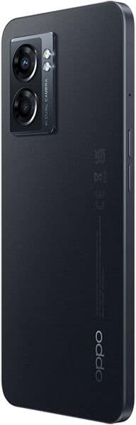Oppo A77 rear view, black finish, showing dual camera module and logo on back panel