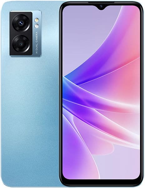 Oppo A77 front view, light blue phone with dual rear camera and purple-pink gradient display screen