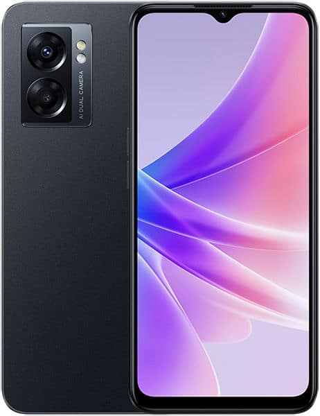 Oppo A77 front view, black phone with dual rear cameras and display showing gradient purple and pink wallpaper