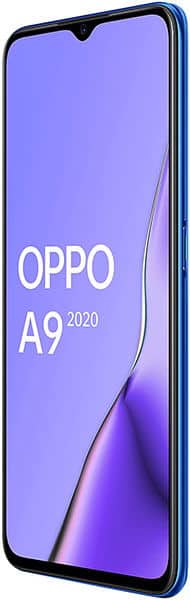 Oppo A9 (2020) in blue shown from an angled front view; screen displays "OPPO A9 2020" on a purple-blue gradient.
