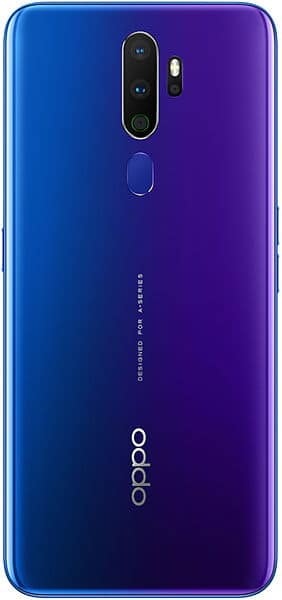 Rear view of Oppo A9 (2020) in gradient blue-purple, vertical triple cameras with flash, fingerprint sensor, and Oppo logo.
