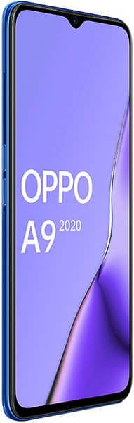 Blue Oppo A9 (2020) smartphone at angled front view, showing purple gradient display with "OPPO A9 2020" text.