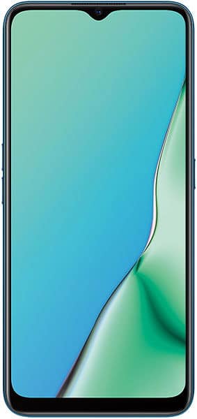 Front view of Oppo A9 (2020) showing large display, thin bezels, small top-center notch, and blue-green gradient wallpaper.