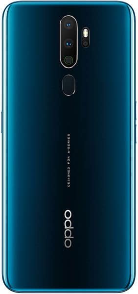 Rear view of blue Oppo A9 (2020) with vertical triple cameras, rear fingerprint sensor, and Oppo logo at the bottom.