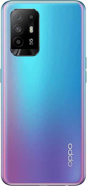 Oppo A94 5G rear view, blue-to-purple gradient back with triple camera module and "5G" text visible on black camera housing