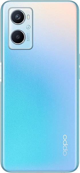 Oppo A96 rear view, gradient blue finish with dual camera module in upper left corner