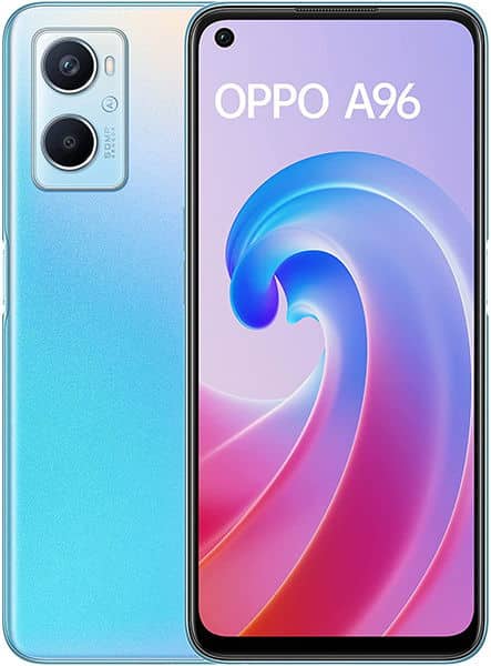 Oppo A96 front and rear view: light blue phone with dual rear cameras, displaying purple and pink gradient screen with blue spiral design