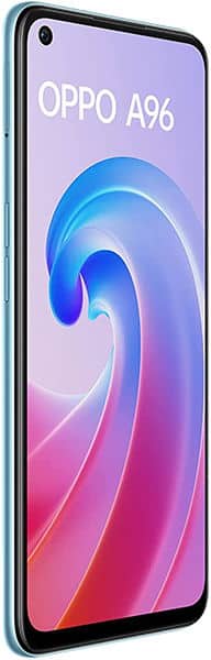 Oppo A96 smartphone displayed at an angle, showing the front screen with a colorful gradient wallpaper in purple, blue, and pink tones