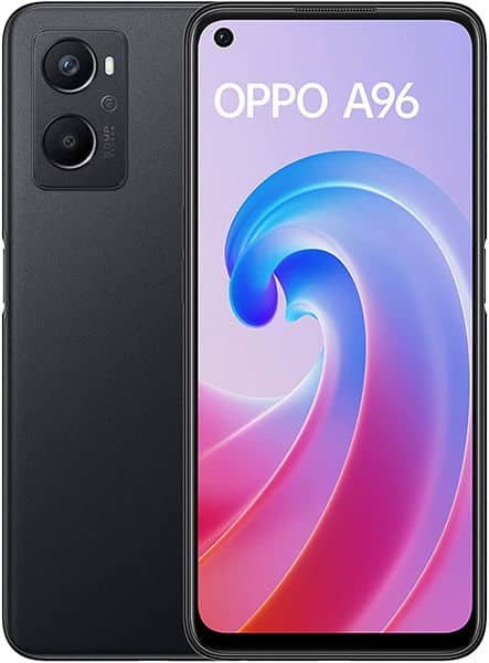 Oppo A96 smartphone shown from front and rear, displaying purple and pink gradient wallpaper on screen with dual rear camera setup