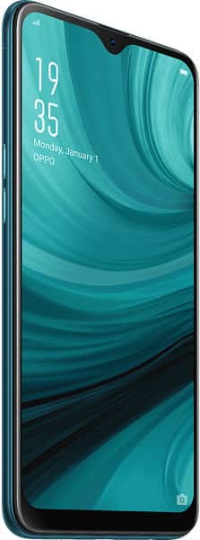 Oppo AX7 front view, displaying turquoise abstract wallpaper on screen with time 19:35 and date showing Monday, January 1