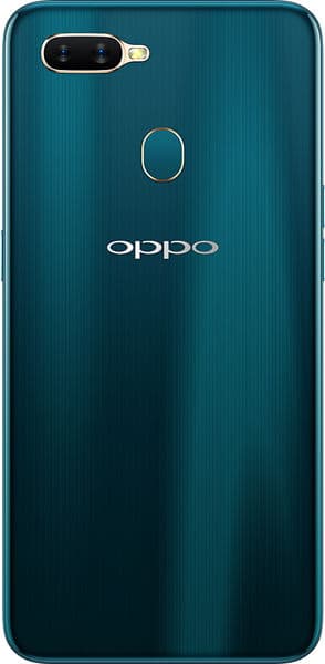Oppo AX7 rear view, teal finish with dual camera and fingerprint sensor