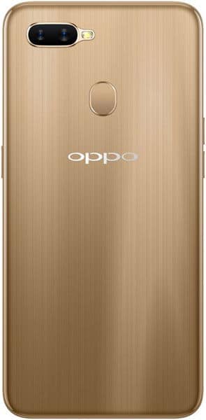 Oppo AX7 rear view, gold finish with dual cameras and fingerprint sensor