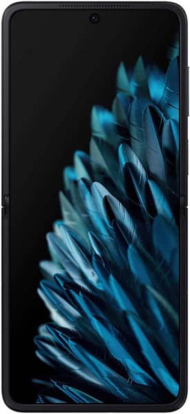 Oppo Find N2 Flip front view with open display showing blue crystalline abstract wallpaper on screen