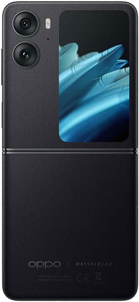 Oppo Find N2 Flip in black, partially folded open, showing dual rear cameras on upper section and display screen with blue abstract imagery below the hinge