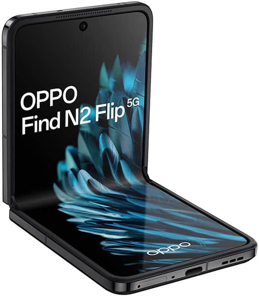 Oppo Find N2 Flip smartphone displayed open, showing the main screen with blue abstract wallpaper and "OPPO Find N2 5G" text visible
