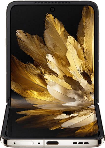 Oppo Find N3 Flip open, displaying gold and white feather wallpaper on both screens against black background