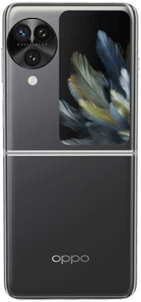 Oppo Find N3 Flip in open position, showing upper screen with abstract blue and yellow wallpaper and triple camera setup, lower screen dark