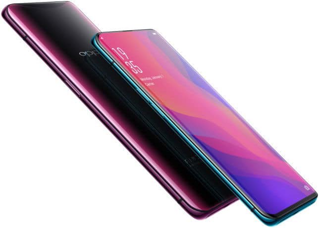 Oppo Find X front and rear view, displaying gradient pink-to-purple screen and glossy black back panel with teal-green edge accent
