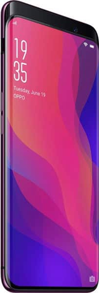 Oppo Find X front view with colorful gradient display showing time and date
