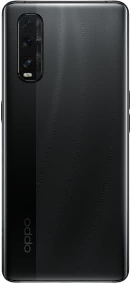 Rear view of black Oppo Find X2 with vertical triple cameras, top-left flash, and Oppo logo at bottom left.