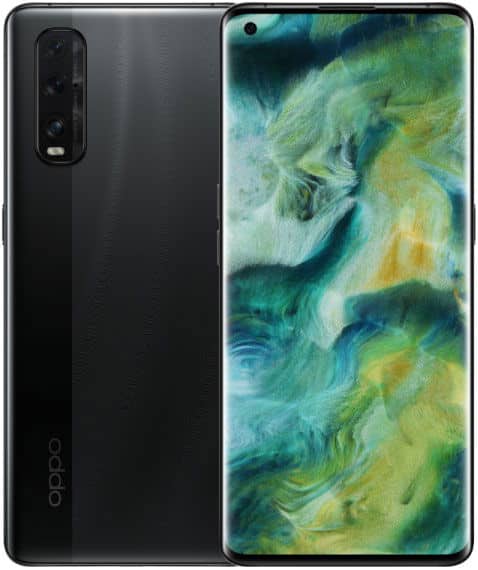 Oppo Find X2 in black, front and rear views; rear shows triple cameras, front features punch-hole camera and vivid display.