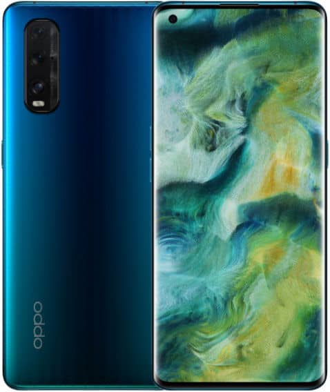 Oppo Find X2 in blue, shown front and back; rear has triple cameras, Oppo logo; front displays vibrant abstract wallpaper.