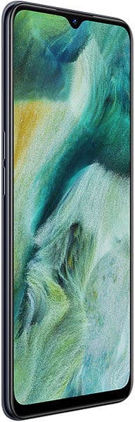 Oppo Find X2 Lite front view showing display with teal and green abstract wallpaper, waterdrop notch, and black frame