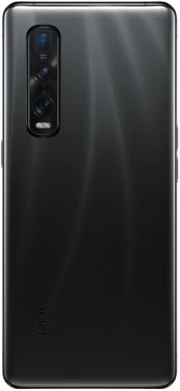 Oppo Find X2 Pro rear view showing black glass back with vertical camera array and "oppo" branding