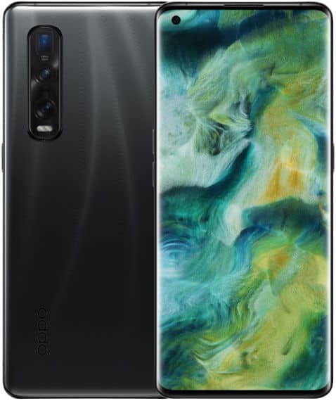Oppo Find X2 Pro front and rear view, black finish with triple rear camera and vibrant abstract green and blue display