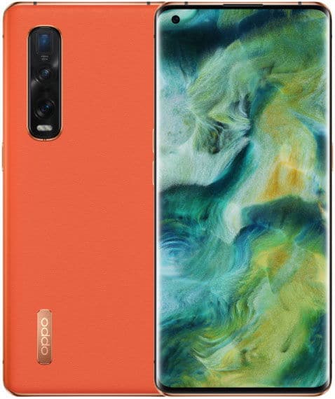 Oppo Find X2 Pro front and rear view, orange body with dual camera module and abstract green wallpaper display