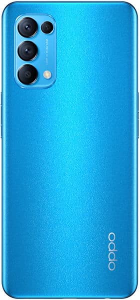Oppo Find X3 Lite rear view in blue with quad camera setup and Oppo branding visible on back