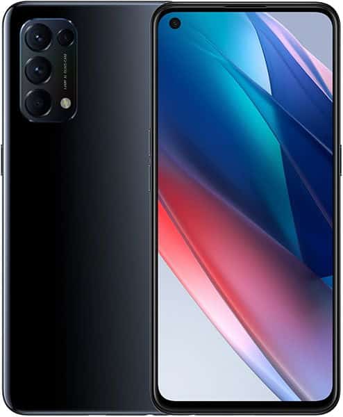 Oppo Find X3 Lite front and rear view, black phone with triple rear camera setup and colorful gradient display showing blue, pink, and white diagonal lines
