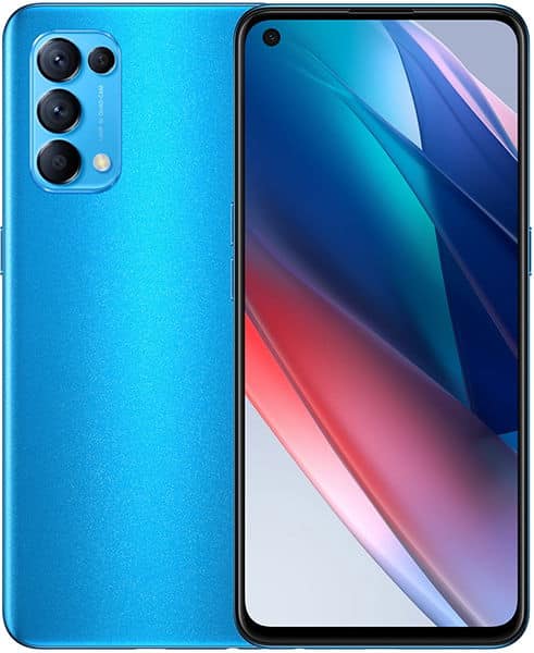 Oppo Find X3 Lite, rear and front view, in blue with triple rear camera setup and colorful abstract display wallpaper