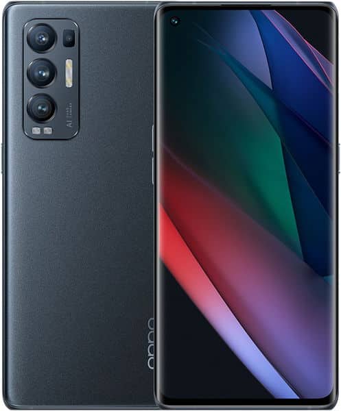 Oppo Find X3 Neo, front and rear view, showing dark gray body with triple rear camera setup and colorful abstract display screen